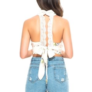 JOEOY WOMEN'S HIGH NECK HOLLOW OUT LACE BACKLESS CROP TOP SIZE SMALL